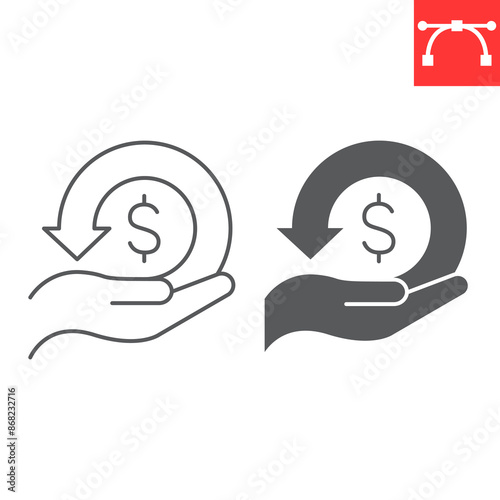 Cashback tax line and glyph icon, tax and hand dollar, refund vector icon, vector graphics, editable stroke outline sign, eps 10.