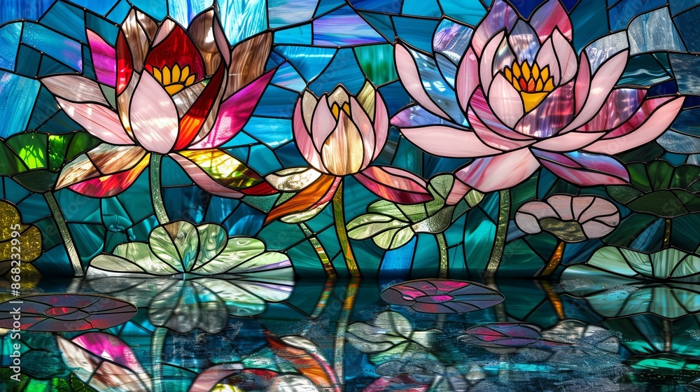 Stained Glass Lotus Flowers Reflecting in Water Stained Glass Lotus Flowers Reflecting in Water