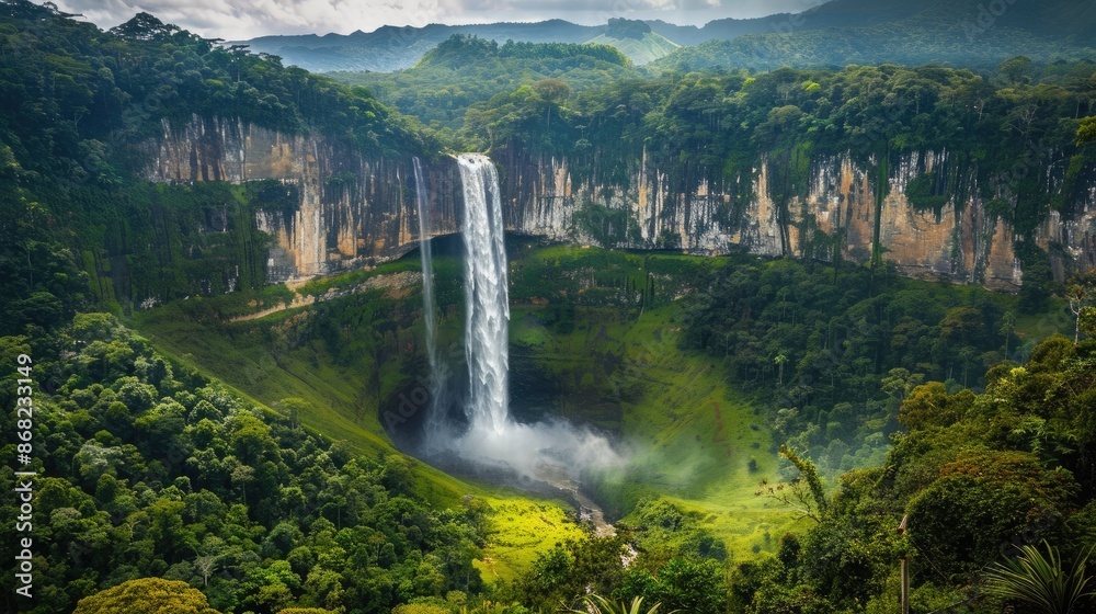 Fototapeta premium A vibrant landscape with a powerful waterfall plunging into a lush green valley, surrounded by dense forest