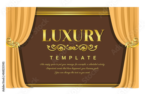 Yellow, Golden curtain with Baroque ornament. Square theater background. Artistic poster Gold royal silk decorative background.