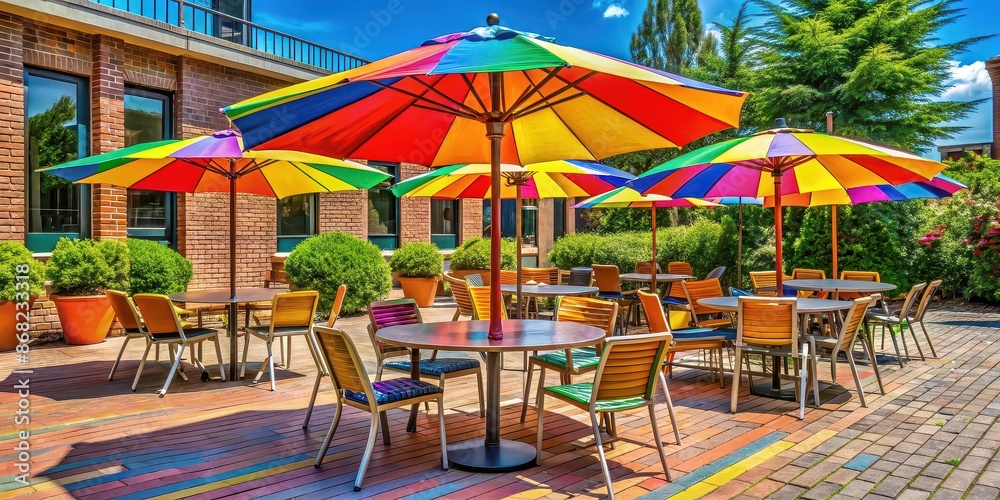 Fototapeta premium description A colorful parasol providing shade over a comfortable outdoor seating area with chairs and tables , parasol