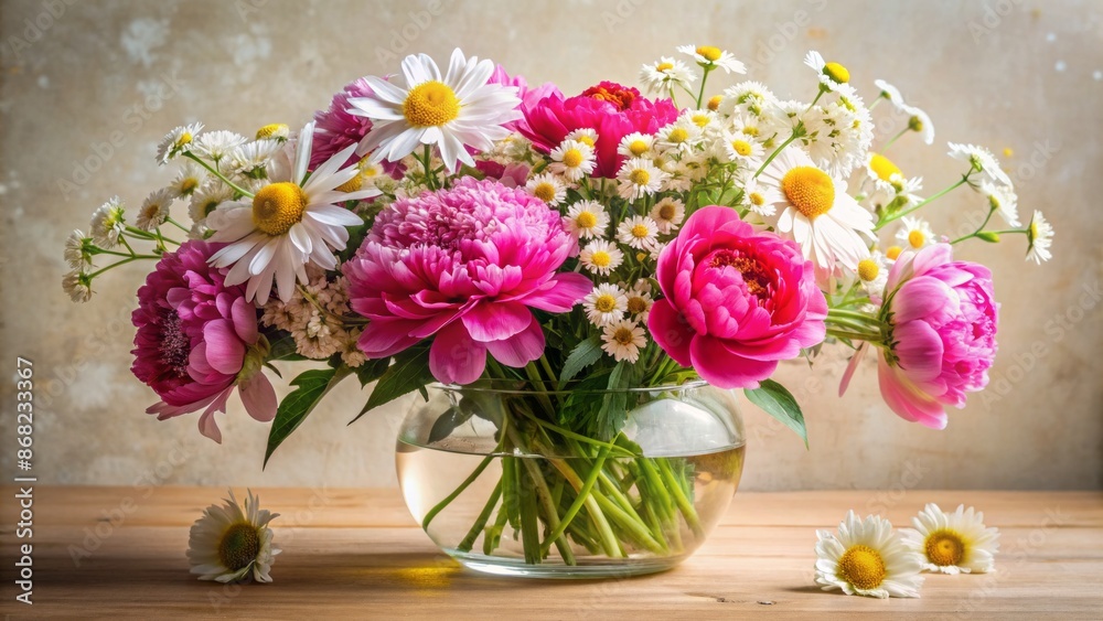 Obraz premium Vibrant bouquet of freshly picked peonies, daisies, and baby's breath arranged artfully in a modern clear glass vase on cream surface.