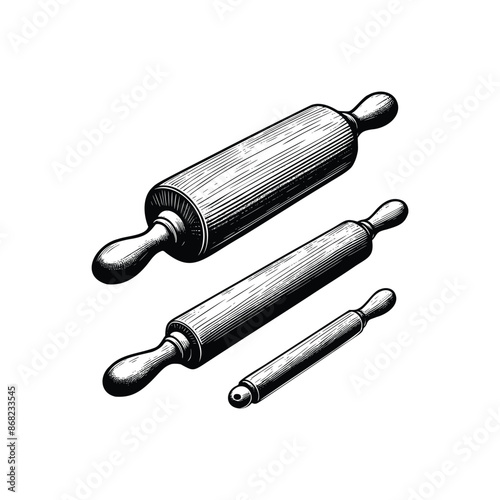 set black and white illustration of rolling pin isolated on white background