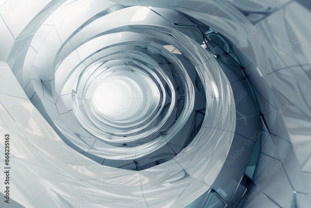 Fototapeta premium Futuristic white spiral staircase architecture, abstract background. Concept of modern design, interior, technology, and progress
