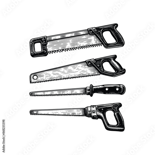 set black and white illustration of hacksaw isolated on white background