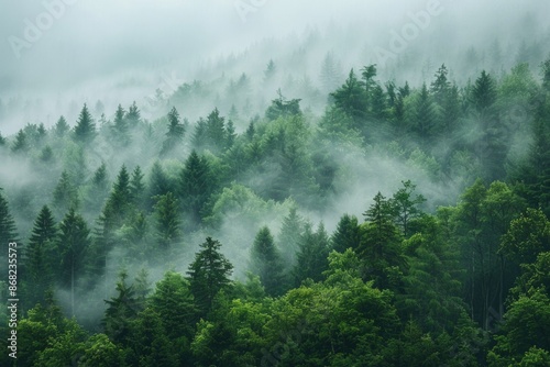 Nature Mist. Tranquil Forest Scene with Trees Covered in Fog