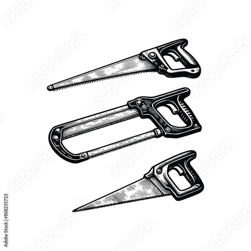 set black and white illustration of hacksaw isolated on white background