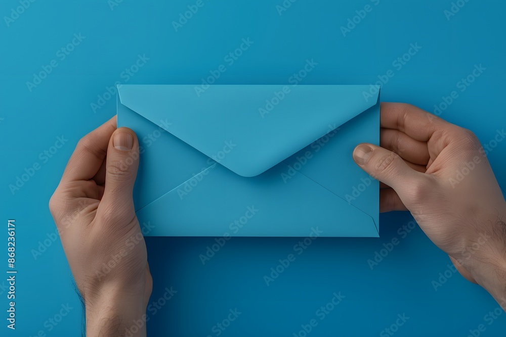 A man is holding a blue envelope in his hands. A man is holding a blue envelope in his hands.