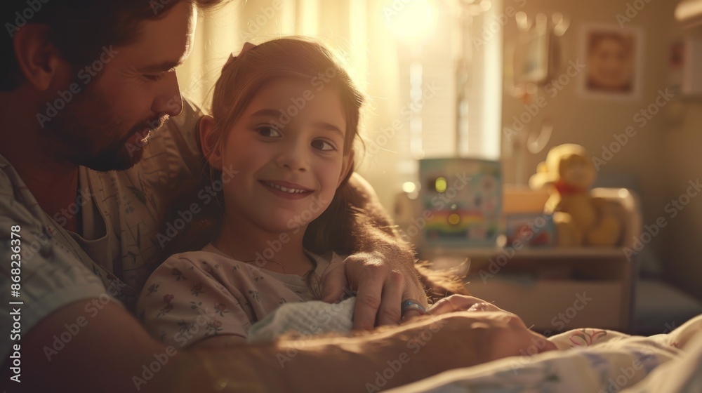 A Father and a Little Girl Laying on a Bed Smiling at Each Other with the Man's Arm Around Her - Generative AI A Father and a Little Girl Laying on a Bed Smiling at Each Other with the Man's Arm Around Her - Generative AI