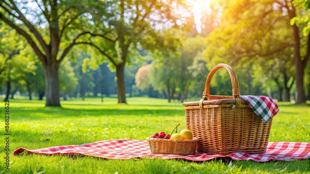 Picnic basket on grass in park with trees in background, picnic, basket, grass, park, trees, outdoor, nature, relaxation, summer, leisure Picnic basket on grass in park with trees in background, picnic, basket, grass, park, trees, outdoor, nature, relaxation, summer, leisure