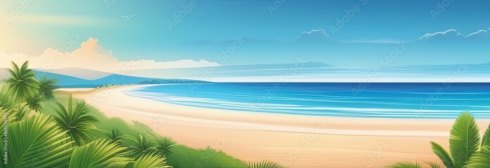 Obraz premium Ocean coastline. Vector illustration of summer beach, tropical ocean coastline with beautiful sky, sand beach. Marine horizontal landscape background. Seascape view. Summer holidays. Vacation place. 