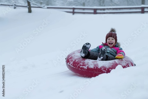 A girl, 8 years old, Caucasian, is sliding down a snowy mountain on an inflatable ring. The little boy is having fun, laughing. Relax with your family in the city park of Lahti Finland, Mukkula distri photo