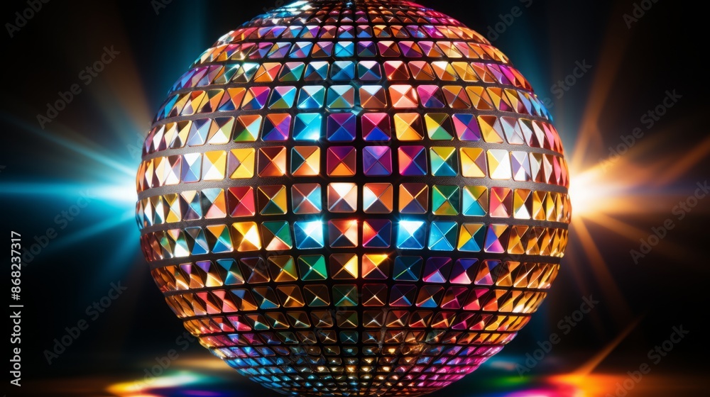 Obraz premium shining multicolored disco ball on an abstract dark background. retro disco concept.
