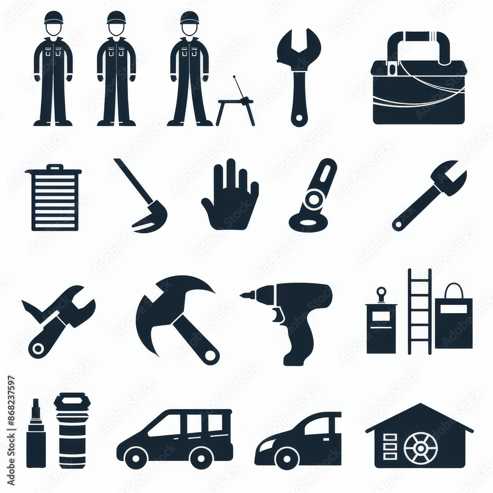 Icon set for repair services, featuring symbols for fix, home repair, car repair, maintenance, toolbox, and repairman services. Presented in a solid icon collection in vector illustration format. Icon set for repair services, featuring symbols for fix, home repair, car repair, maintenance, toolbox, and repairman services. Presented in a solid icon collection in vector illustration format.