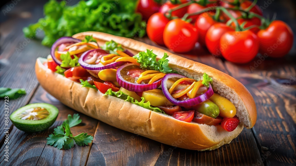 Appetizing hot dog loaded with fresh vegetables, sauces, and condiments, hot dog, appetizing, fresh, vegetables, sauces Appetizing hot dog loaded with fresh vegetables, sauces, and condiments, hot dog, appetizing, fresh, vegetables, sauces