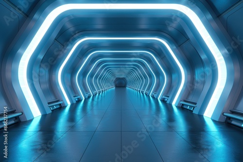 Futuristic Sci-Fi hallway with glowing blue lights. Perfect for technology, gaming, or metaverse projects.