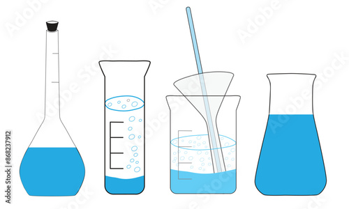 Flasks with blue liquid vector icons set