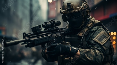 Sniper, soldier man with machine gun, war concept