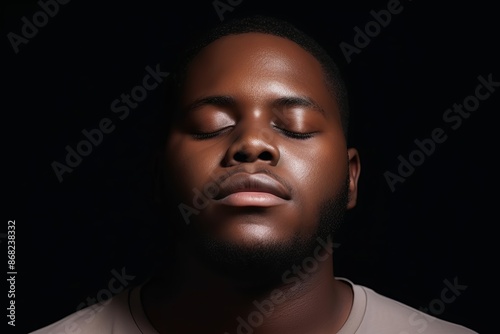 Close up of african male African man isolated on black background. Portrait of african male with closed eyes