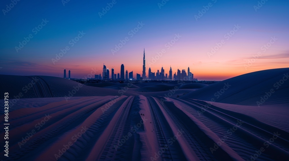 Silhouette of Dubai skyline and tire tracks in sand dune landscape at sunset Silhouette of Dubai skyline and tire tracks in sand dune landscape at sunset