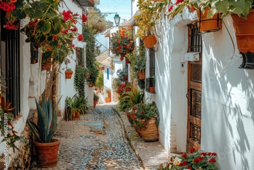 Charming alleyway in a Spanish village. Typical traditional whitewashed houses adorned with blooming plants and flowers, cobbled street in a quaint Andalusian town