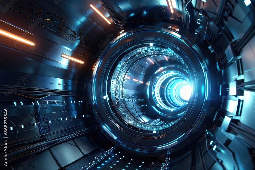 Futuristic Sci-Fi Spaceship Interior with glowing blue and orange lights, perfect for technology, space travel, and cyberpunk themes Futuristic Sci-Fi Spaceship Interior with glowing blue and orange lights, perfect for technology, space travel, and cyberpunk themes