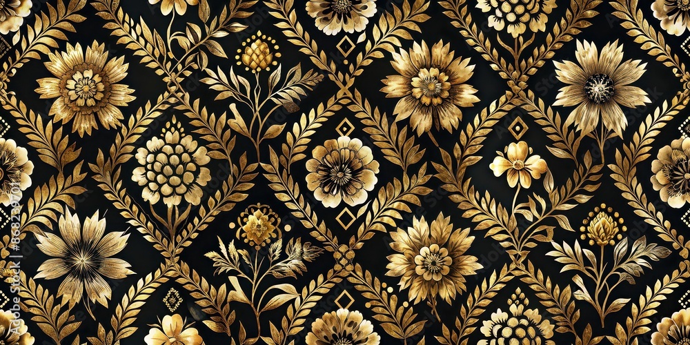 Seamless pattern of flowers in black and gold color with ikkat watercolor motifs, seamless, pattern, flowers, black, gold, ikkat Seamless pattern of flowers in black and gold color with ikkat watercolor motifs, seamless, pattern, flowers, black, gold, ikkat