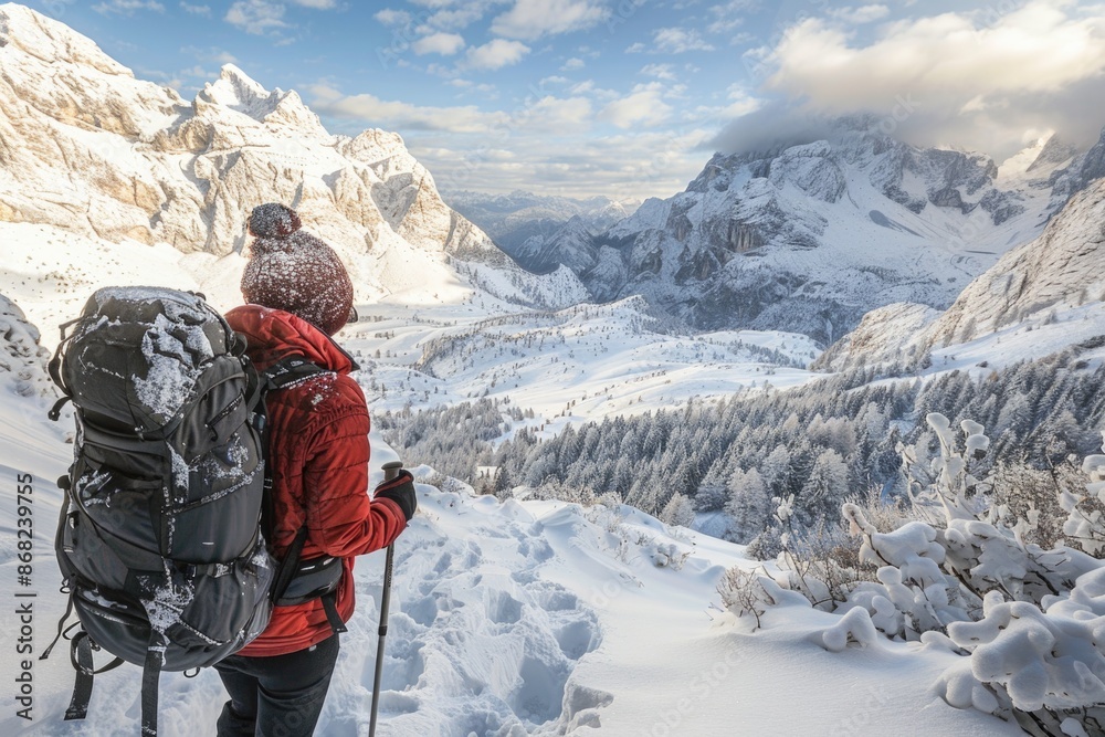 Person Cold. Hiking in Snow near San Pellegrino Pass, Dolomite Alps, Trentino-Alto Adige, Europe Person Cold. Hiking in Snow near San Pellegrino Pass, Dolomite Alps, Trentino-Alto Adige, Europe