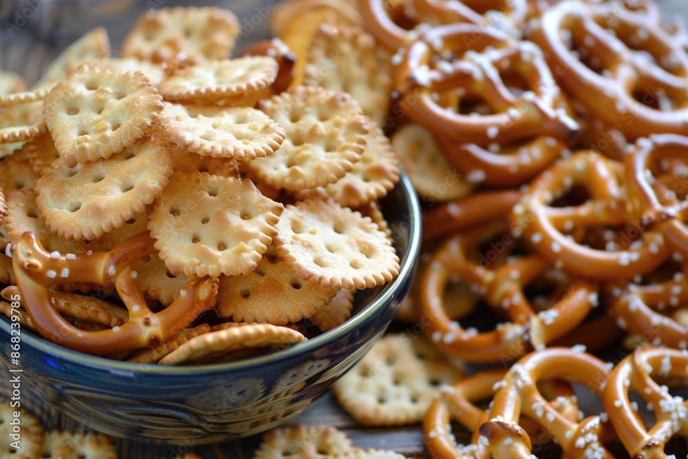 Snack Chips. Variety of Salty Snacks Including Chips, Pretzels, and Crackers on Yellow Table Snack Chips. Variety of Salty Snacks Including Chips, Pretzels, and Crackers on Yellow Table