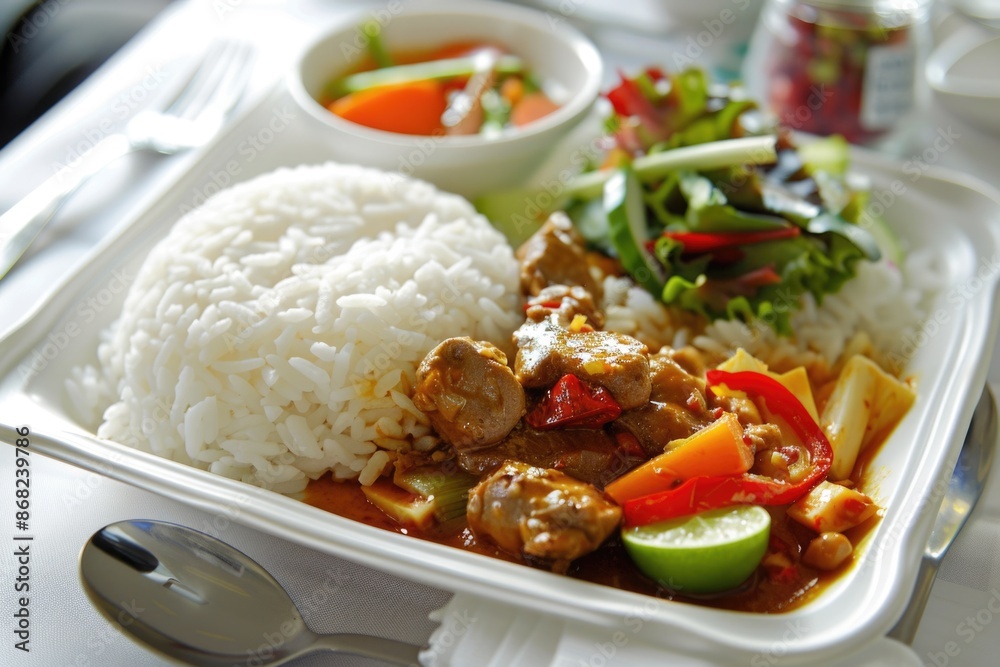 Serve Food. Asian Cuisine Meal Served on a Plane During Flight Journey Serve Food. Asian Cuisine Meal Served on a Plane During Flight Journey
