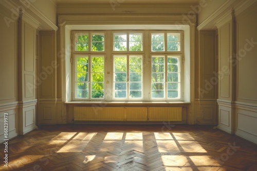 Apartment Window. Old Building with Wooden Parquet Floor in Bright Room