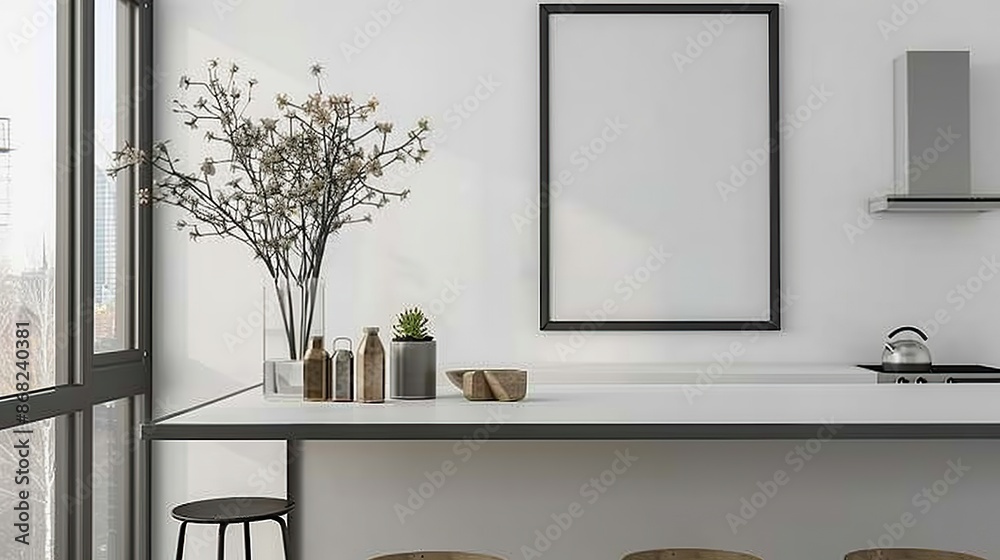 Modern kitchen with full furniture and wooden frame poster mockup hanging on the wall. Modern kitchen with full furniture and wooden frame poster mockup hanging on the wall.