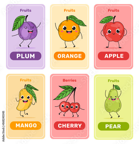 Colorful Cute Fruit Characters Flashcards for Kids. Perfect for Early Learning, Preschool, Kindergarten. Funny Handdrawn Vector fruits. Cartoon comic style