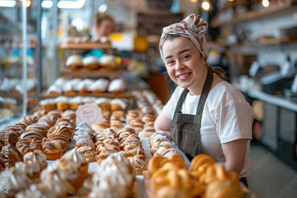 Young woman with Down syndrome working as a sales assistant in a bustling bakery, delighting customers with her cheerful demeanor and passion for pastries Young woman with Down syndrome working as a sales assistant in a bustling bakery, delighting customers with her cheerful demeanor and passion for pastries