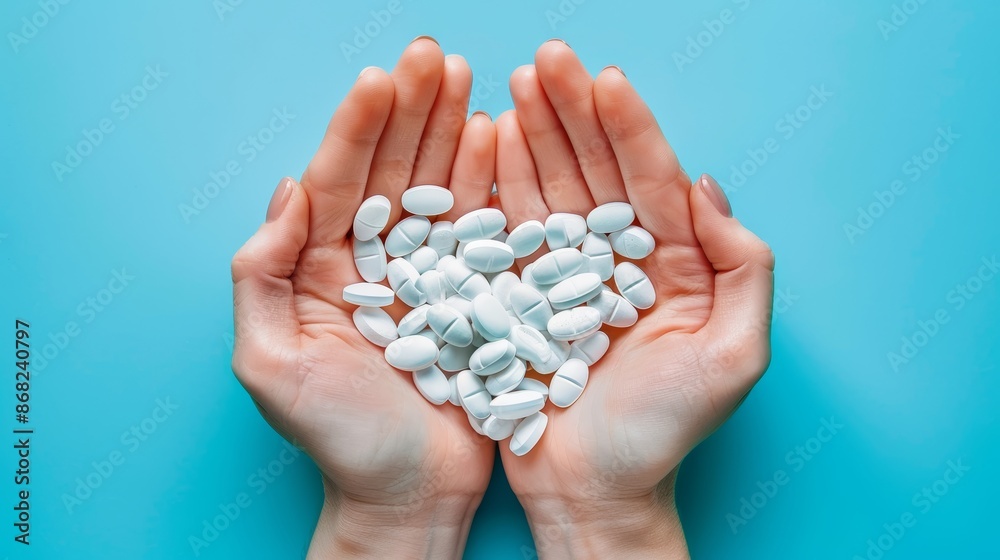 Woman's hands forming heart shape with white pills on blue background Woman's Hands Creating Heart Shape with Pills for Medical Concept Woman's hands forming heart shape with white pills on blue background Woman's Hands Creating Heart Shape with Pills for Medical Concept
