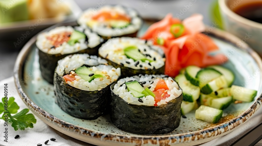 Cucumber, avocado, tomato, cream cheese, and wakame rolls served on a plate. Soy sauce, wasabi, and ginger are included. Japanese food that is typically eaten for lunch in restaurants. Cucumber, avocado, tomato, cream cheese, and wakame rolls served on a plate. Soy sauce, wasabi, and ginger are included. Japanese food that is typically eaten for lunch in restaurants.