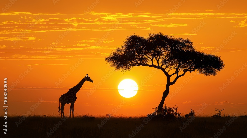 Acacia Tree, Sunset, and Giraffes Silhouetted in Africa Acacia Tree, Sunset, and Giraffes Silhouetted in Africa