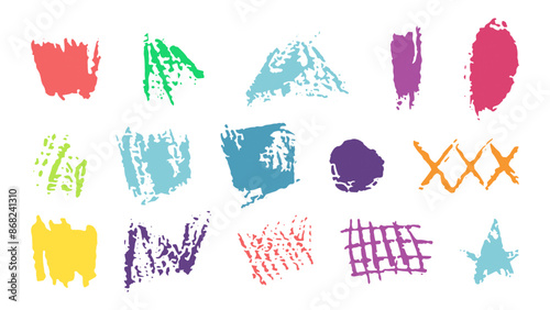 Doodles with the texture of wax chalk. Set elements imitating child drawing. Doodles abstract shapes. Vector illustration.