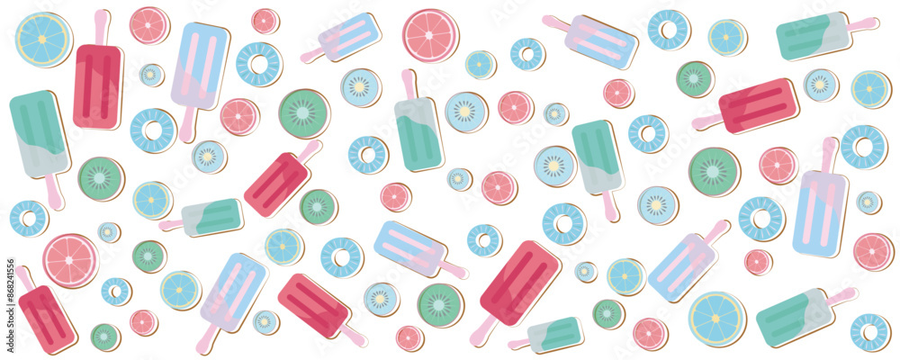 Summer tropical fruits and ice bar pattern illustration. Summer colorful icons graphic. Vector illustration.