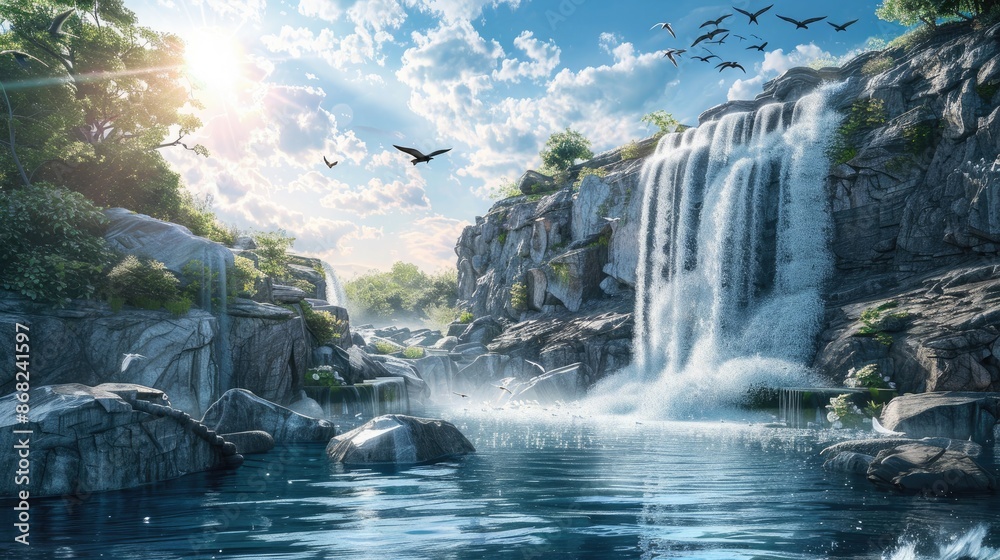 A waterfall cascading down a rocky cliff into a serene pool, with birds flying overhead A waterfall cascading down a rocky cliff into a serene pool, with birds flying overhead