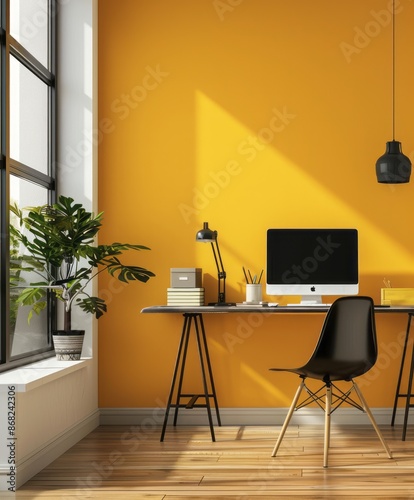 Minimalist home office with clean lines and a yellow wall