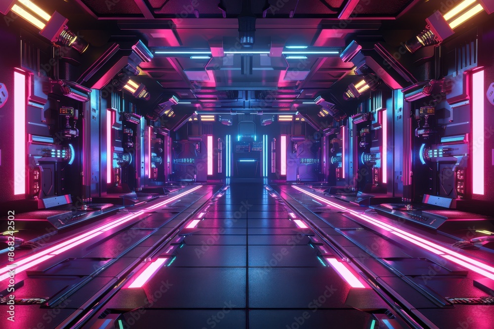 Futuristic Sci-Fi spaceship interior corridor with glowing neon lights. Concept of technology, space travel, and the future.