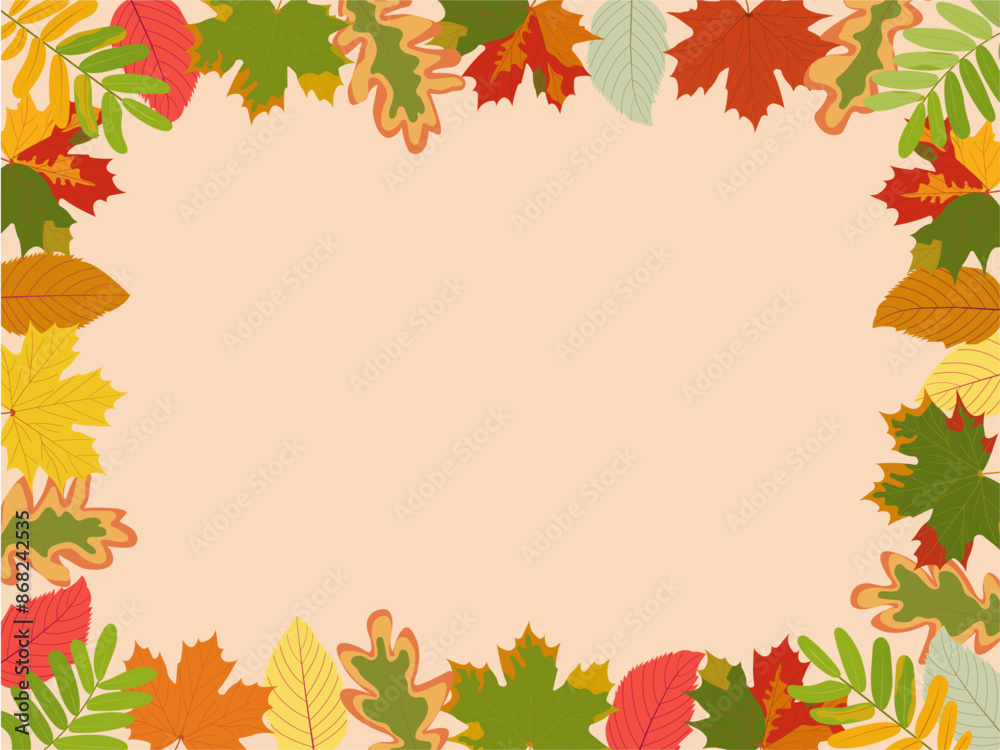 Fototapeta premium Frame with autumn leaves. Red and orange maple and aspen leaves. Green and brown oak and rowan leaves on a beige background. Autumn time. Vector cartoon illustration. Background with place for text.