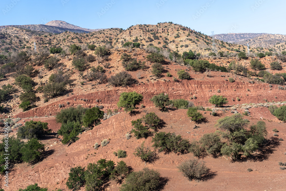 Morocco semi-deserts and mountains, north africa nature, Moroccan stone desert, red hills, villages and argan trees Morocco semi-deserts and mountains, north africa nature, Moroccan stone desert, red hills, villages and argan trees