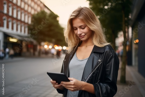 germany, hamburg, young woman in the street using digital tablet