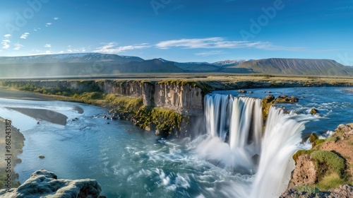 A waterfall flowing over a cliff into a wide river, with mountains in the background and a clear blue sky above