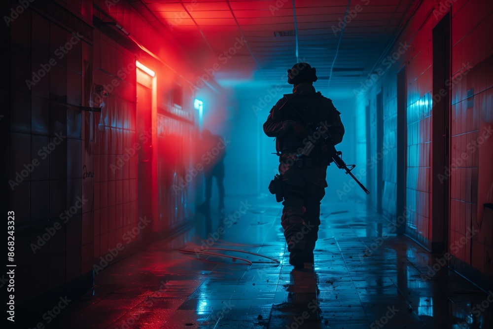 Fototapeta premium Sniper, soldier man with machine gun, war concept