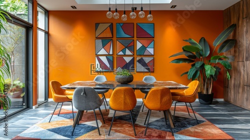 Colorful Eclectic Dining Room filled with artistic decor and natural light from large windows.