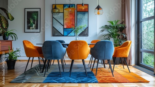 Colorful Eclectic Dining Room filled with artistic decor and natural light from large windows.