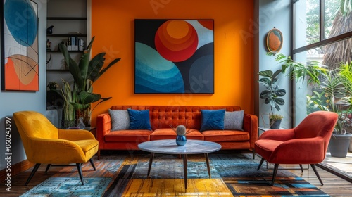 Colorful Eclectic Dining Room filled with artistic decor and natural light from large windows.